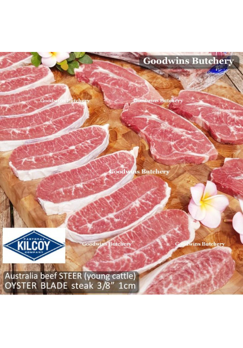 Beef blade OYSTER BLADE Australia STEER (young cattle) KILCOY frozen daging rendang sampil STEAK SCHNITZEL CUTS 3/8" 1cm (price/pack 500g 4-5pcs)